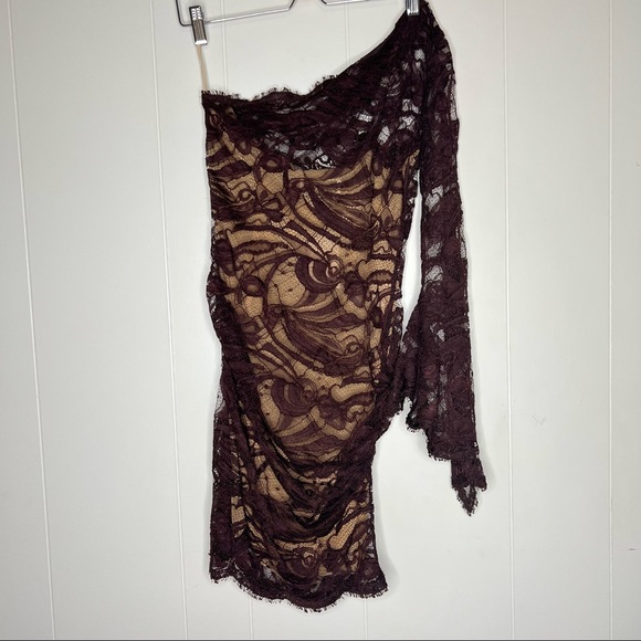 NWT New Emilio Pucci ONE SHOULDER GUIPURE LACE VISCOSE DRESS Brown Sz 6 - Picture 4 of 13